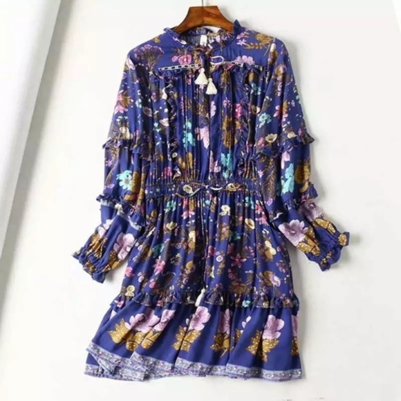 Floral Ruffle Long Sleeve Fall Boho Mini Dress - Picture 2 of 6